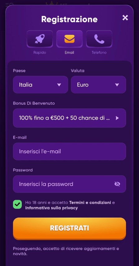 Register at Kingmaker mobile app by entering email and password