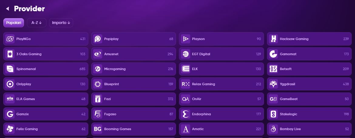 Filtra i giochi per provider